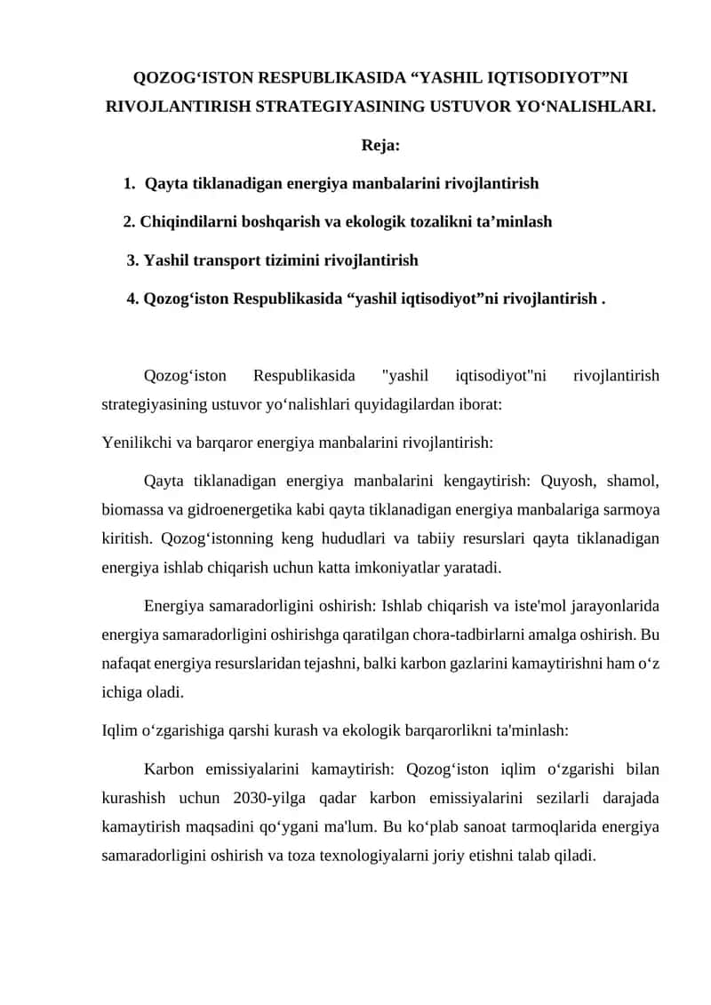 QOZOG‘ISTON RESPUBLIKASIDA “YASHIL IQTISODIYOT”NI RIVOJLANTIRISH STRATEGIYASI 1