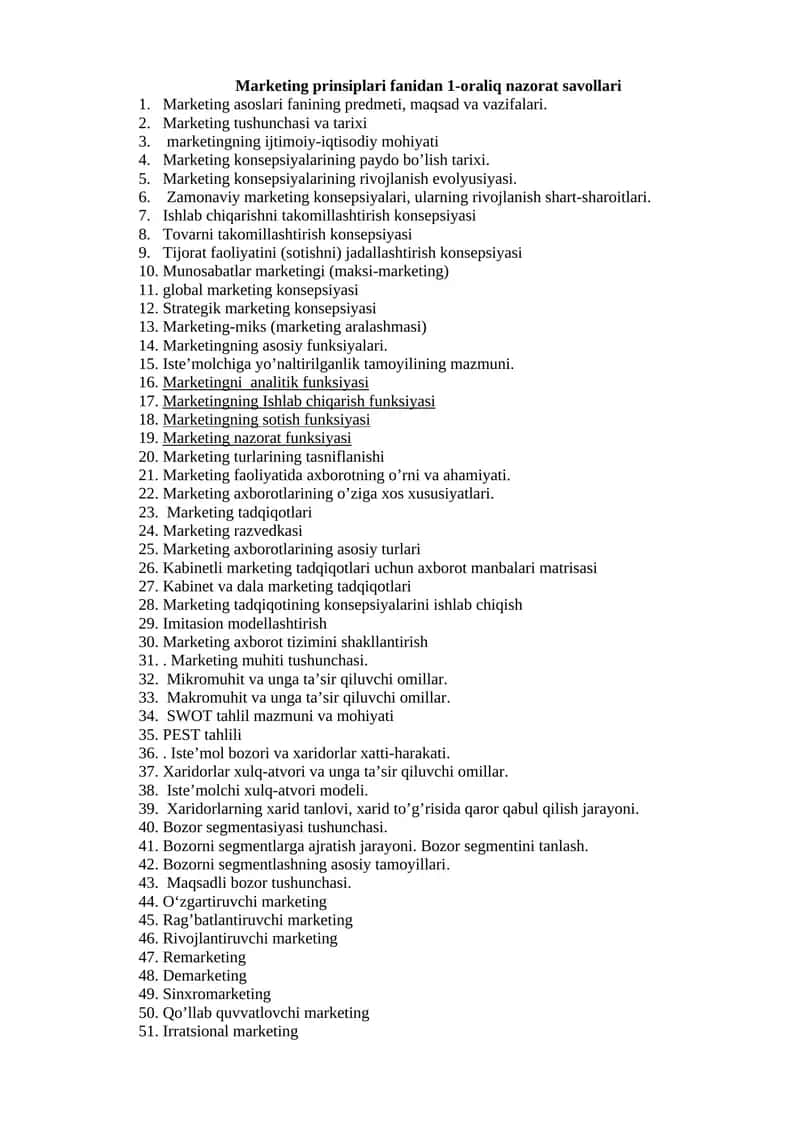 Marketing prinsiplari fanidan 1-oraliq nazorat savollari 1