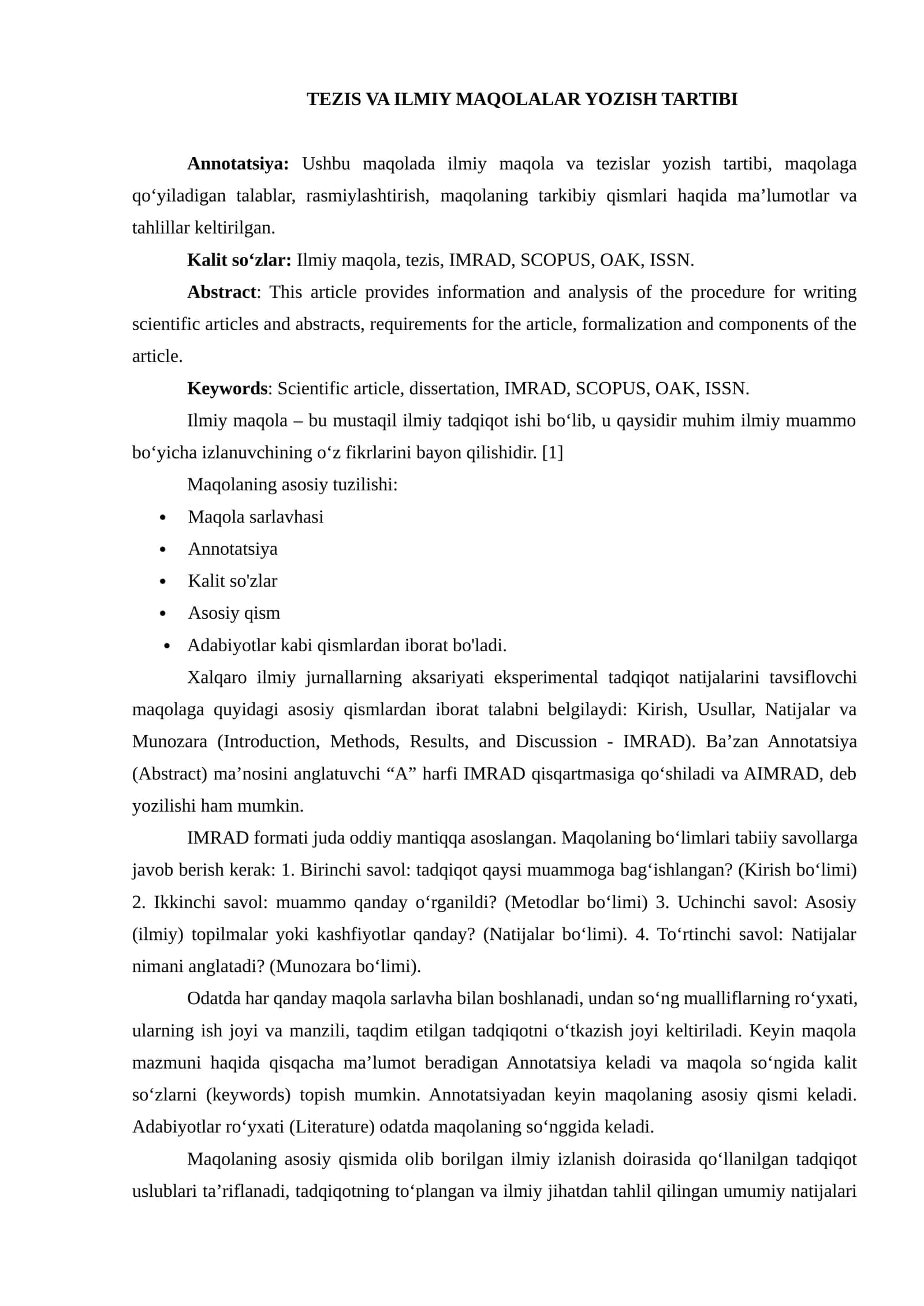 TEZIS VA ILMIY MAQOLALAR YOZISH TARTIBI 1