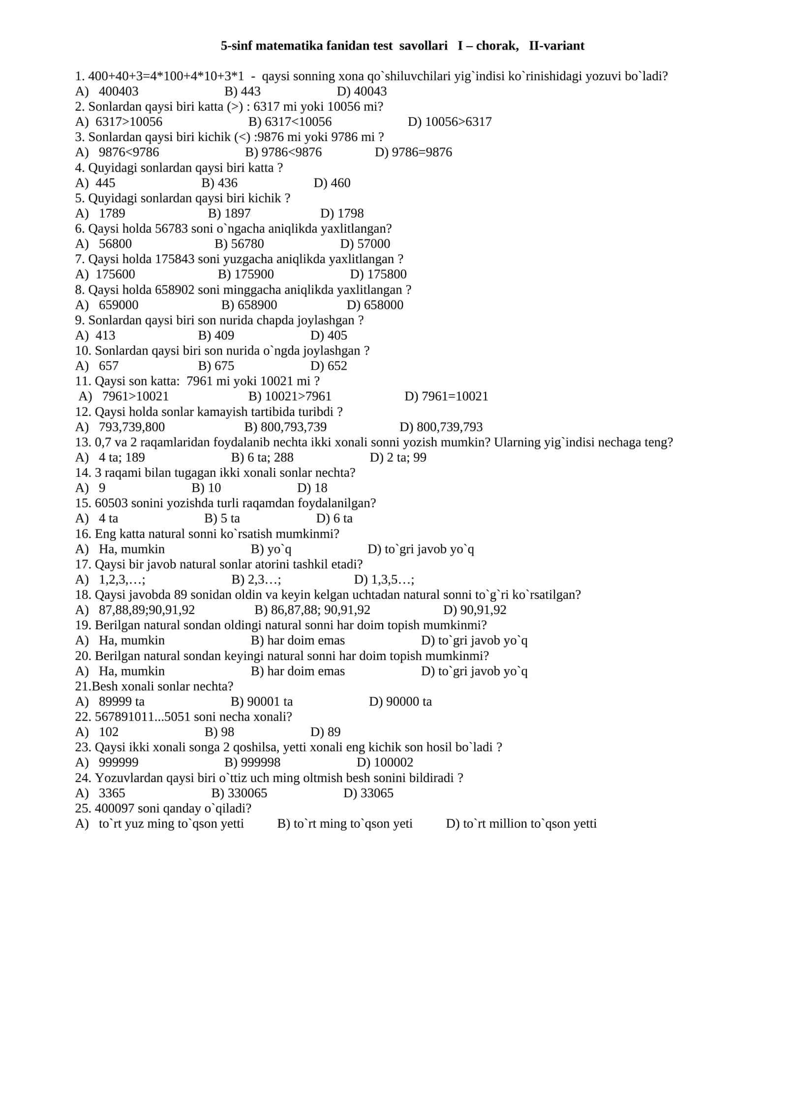 5-sinf matematika fanidan test savollari I – chorak, II-variant 1