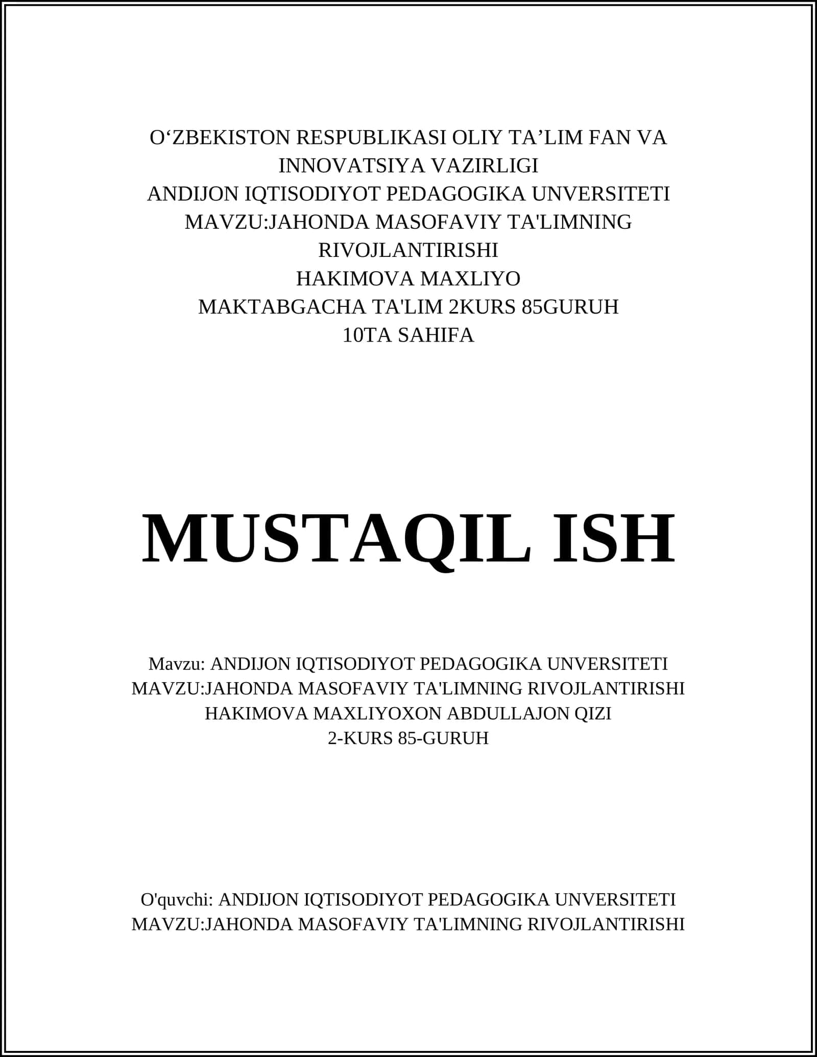 JAHONDA MASOFAVIY TA'LIMNING RIVOJLANTIRISHI 1
