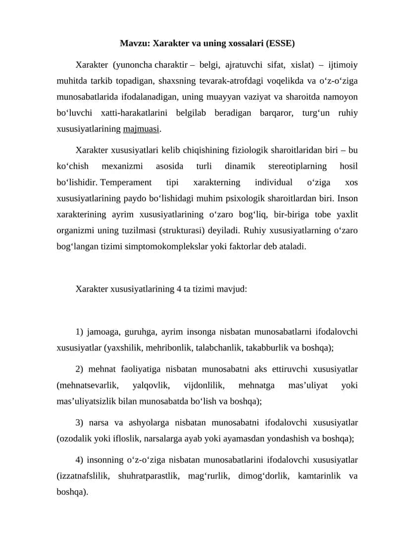 Xarakter va uning xossalari (ESSE) 1