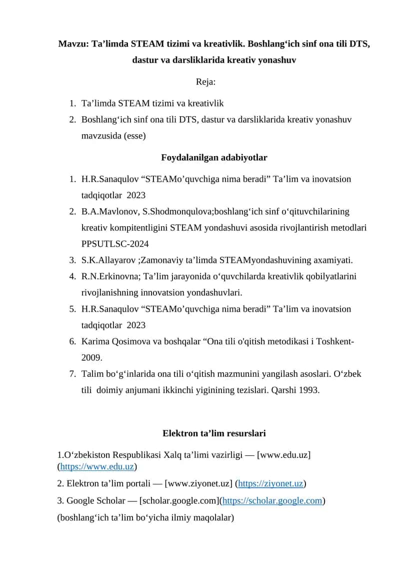 Ta’limda STEAM tizimi va kreativlik. Boshlang‘ich sinf ona tili DTS, dastur va darsliklarida kreativ yonashuv 1