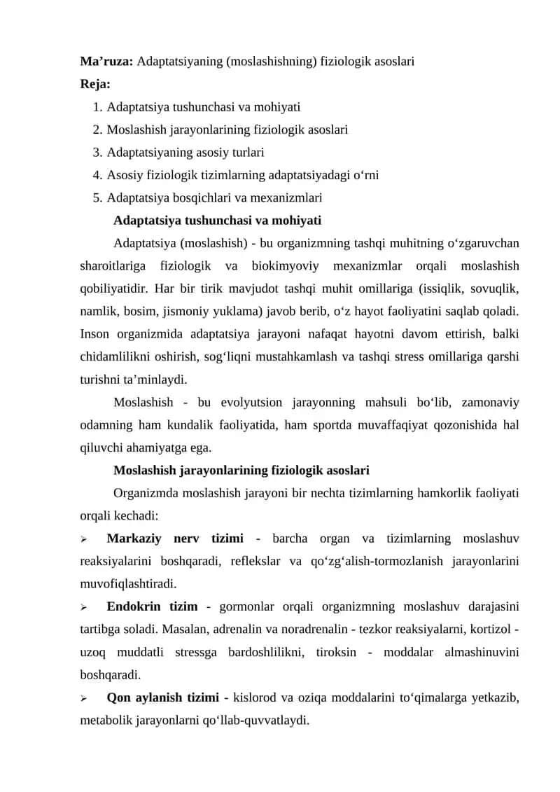 Adaptatsiyaning (Moslashishning) Fiziologik Asoslari 1