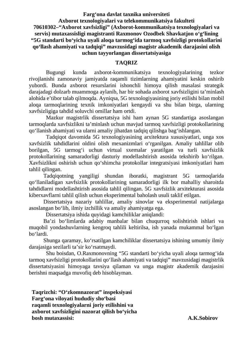 Magistr dissertatsiyasi: "5G standarti bo‘yicha uyali aloqa tarmog‘ida tarmoq xavfsizligi protokollarini qo‘llash ahamiyati va tadqiqi" 1