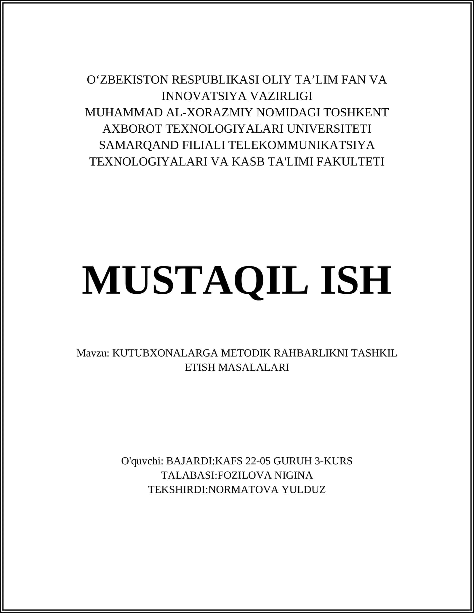 KUTUBXONALARGA METODIK RAHBARLIKNI TASHKIL ETISH MASALALARI 1