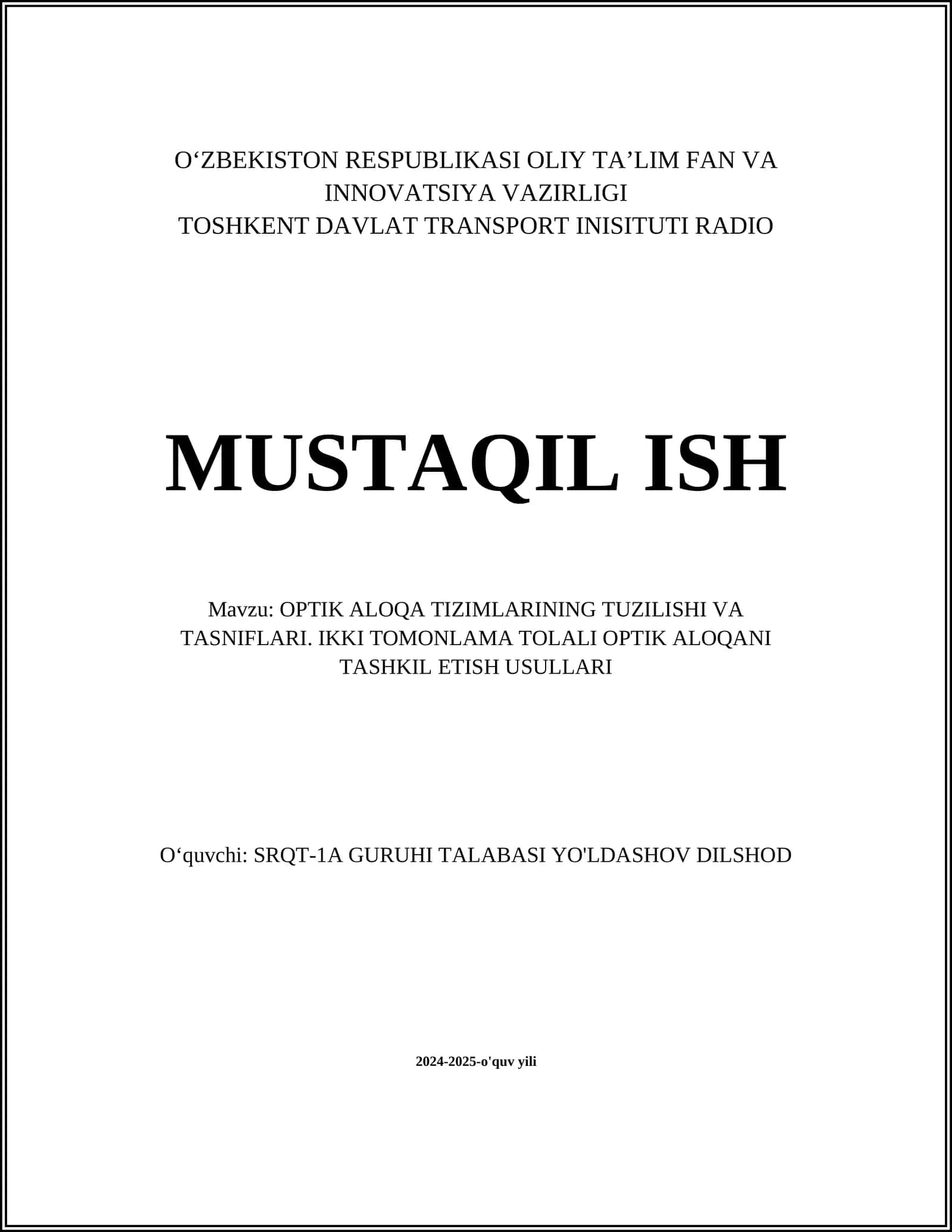 OPTIK ALOQA TIZIMLARINING TUZILISHI VA TASNIFLARI 1