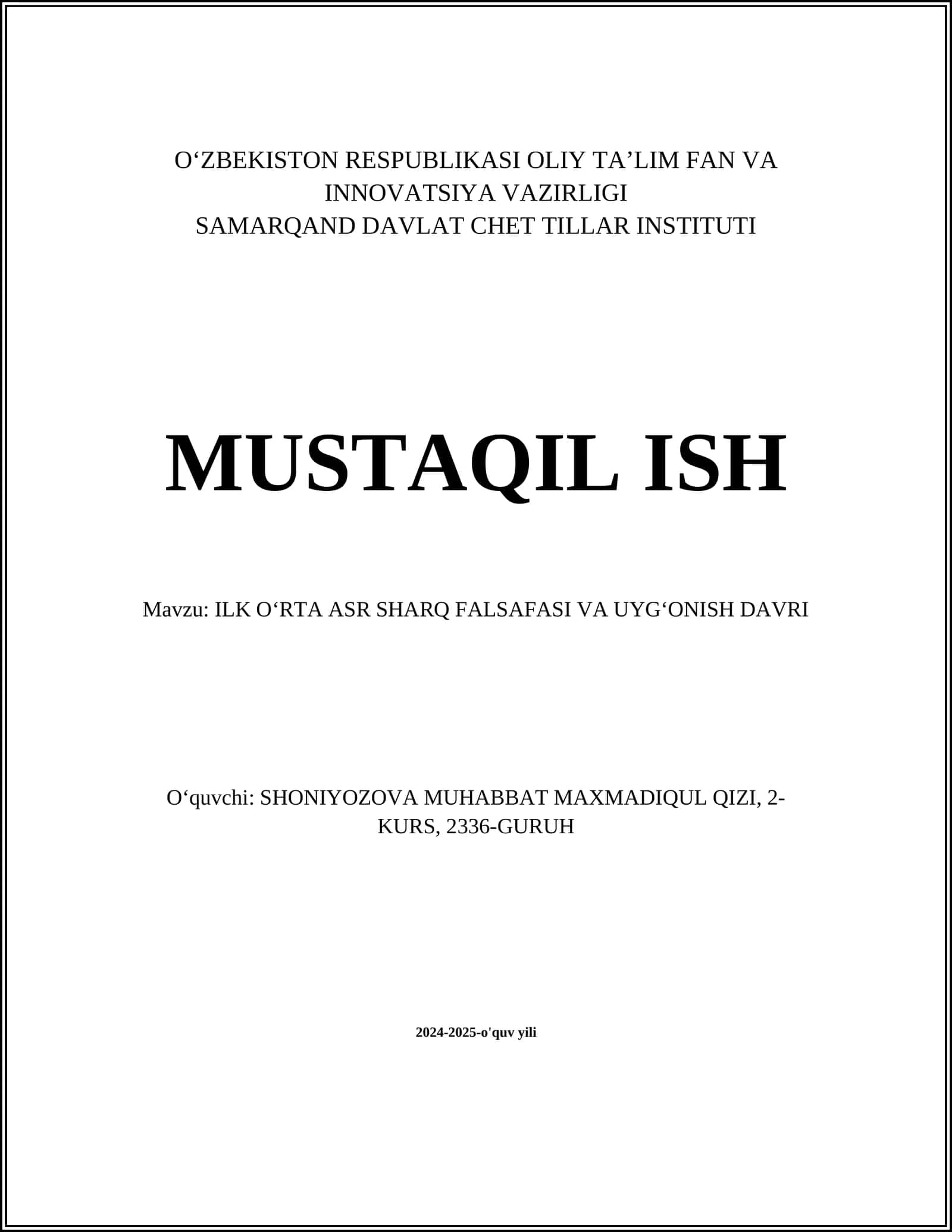 ILK OʻRTA ASR SHARQ FALSAFASI VA UYGʻONISH DAVRI 1