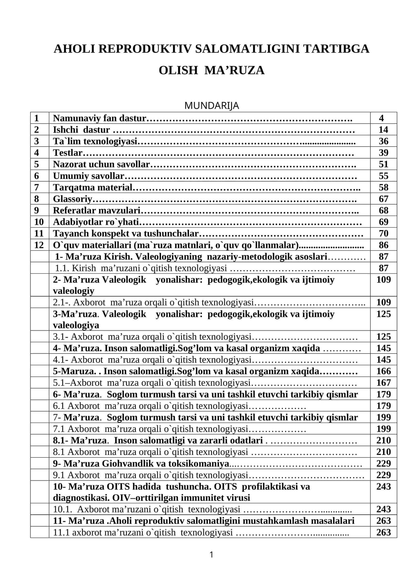 АҲОЛИ РЕПРОДУКТИВ САЛОМАТЛИГИНИ ТАРТИБГА ОЛИШ МАЪРУЗА 1