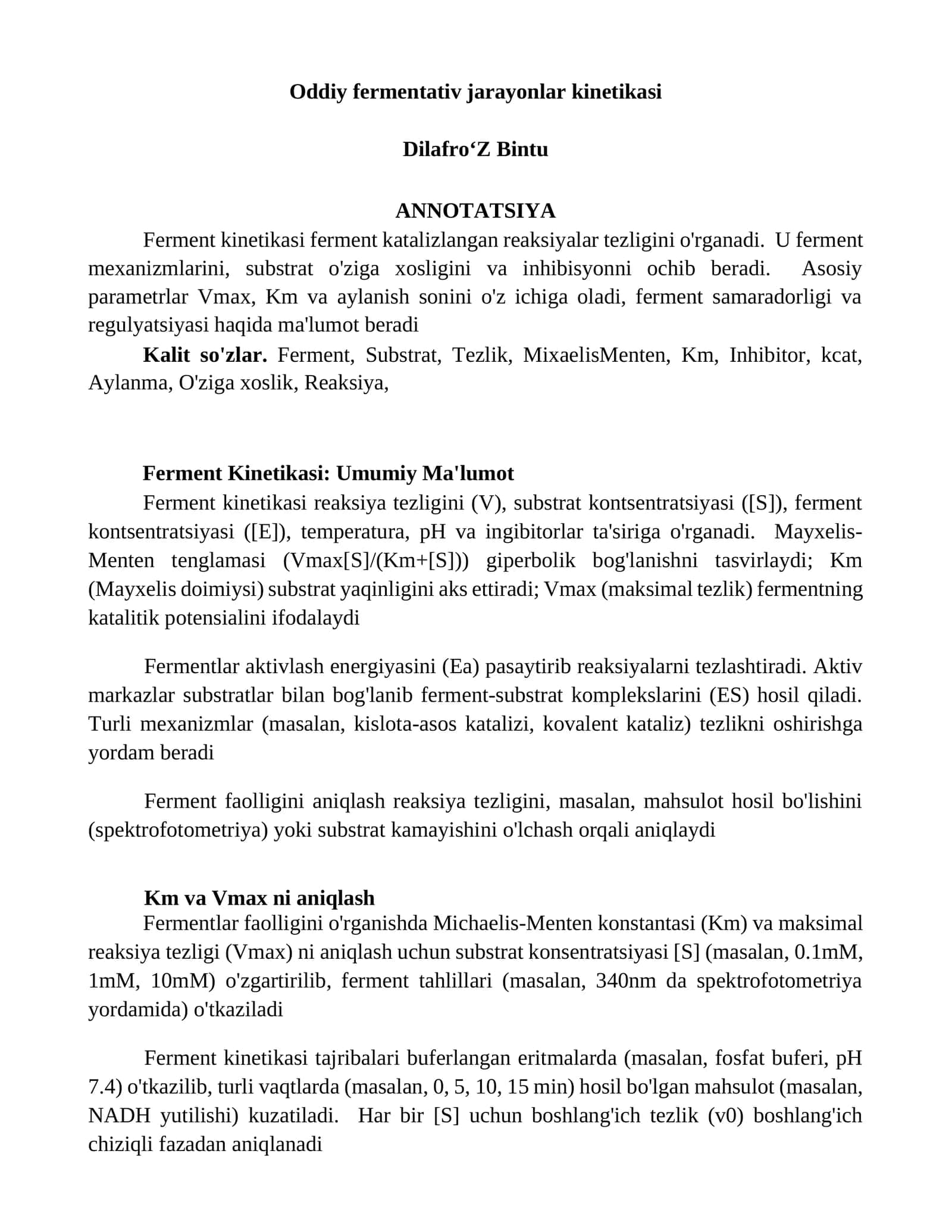 Oddiy fermentativ jarayonlar kinetikasi 1