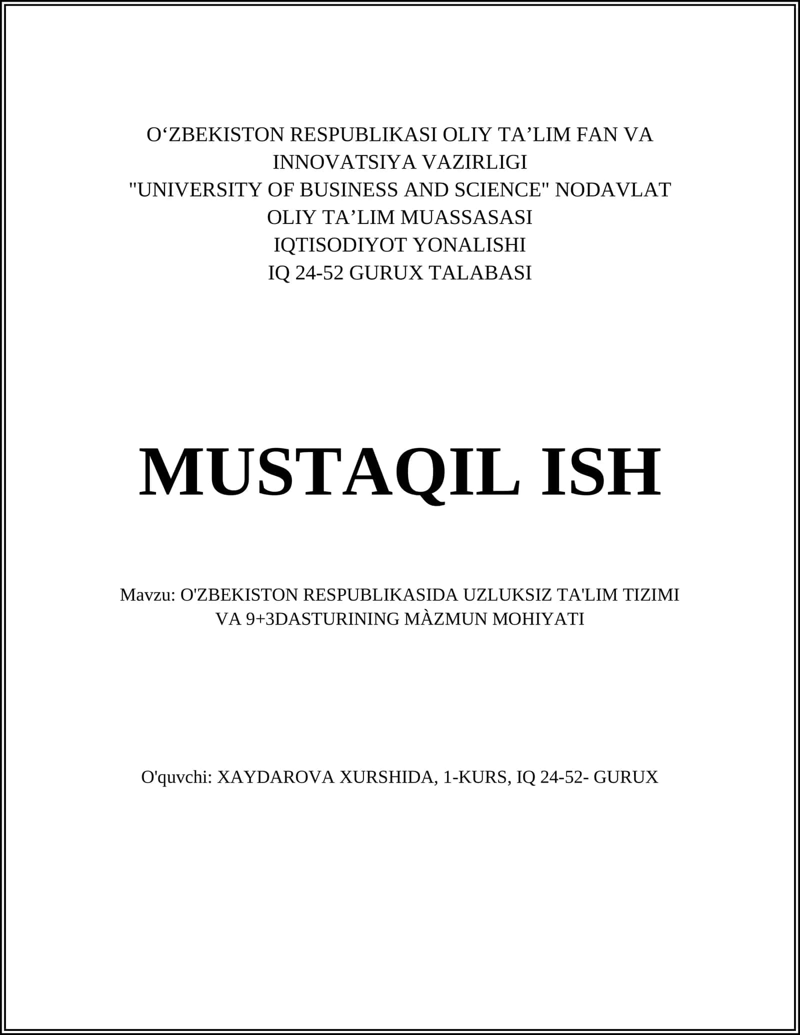 O'zbekiston Respublikasida Uzluksiz Ta'lim Tizimi 1