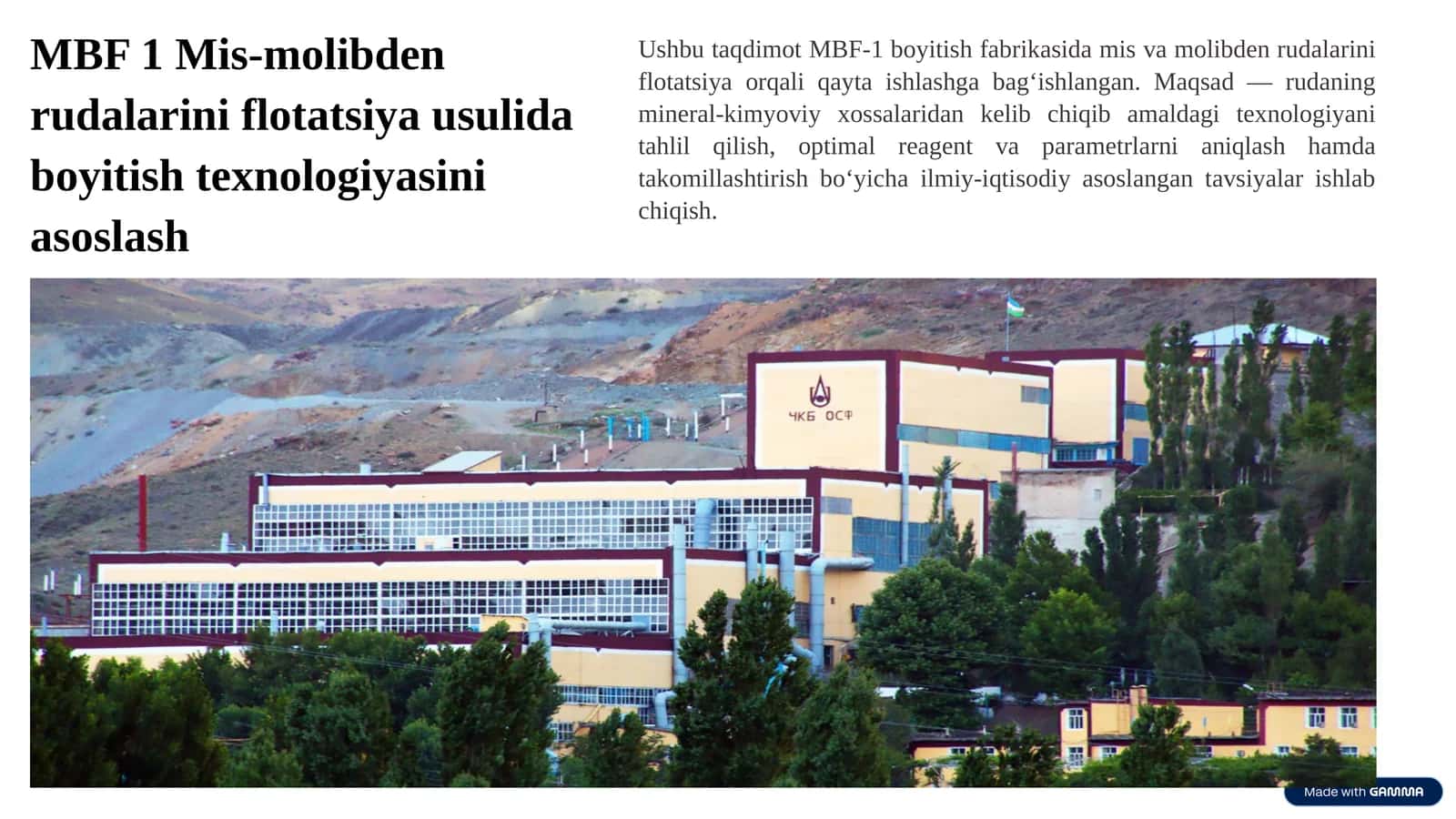 MBF 1 Mis-molibden rudalarini flotatsiya usuli dasturi 1