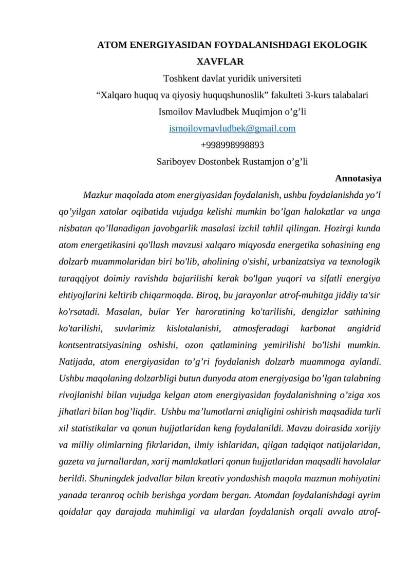 ATOM ENERGIYASIDAN FOYDALANISHDAGI EKOLOGIK XAVFLAR 1