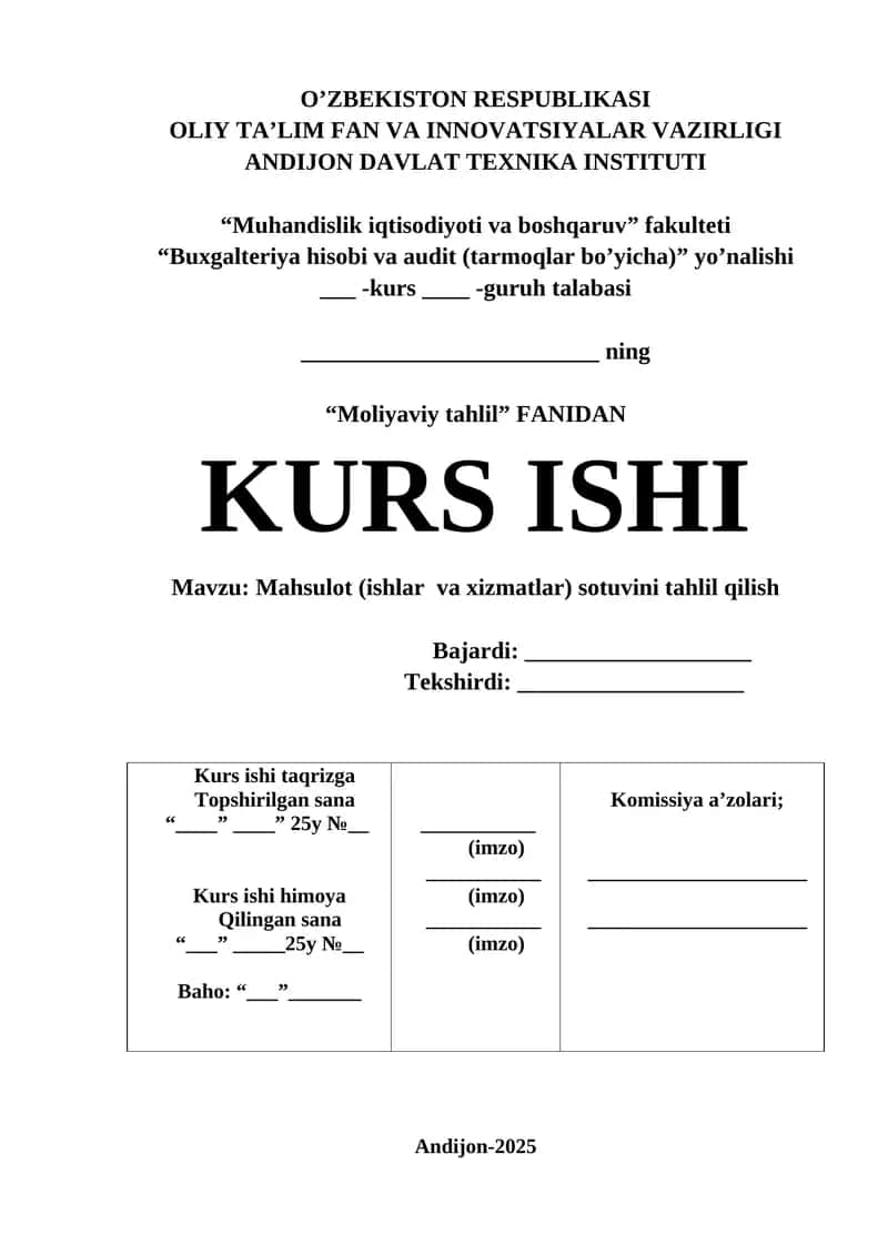Mahsulot (ishlar va xizmatlar) sotuvini tahlil qilish 1
