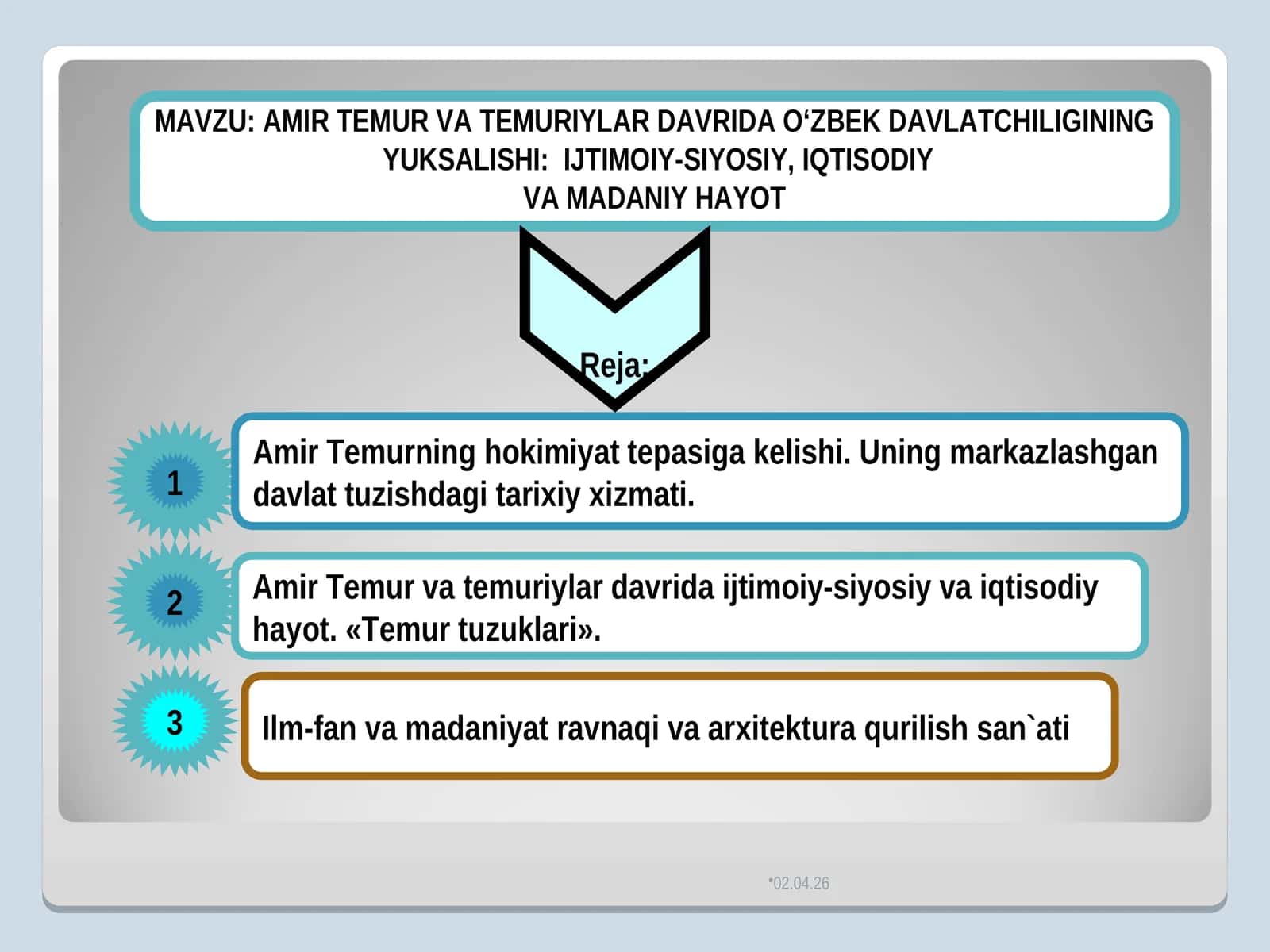 AMIR TEMUR VA TEMURIYLAR DAVRIDA O‘ZBEK DAVLATCHILIGINING YUKSALISHI:IJTIMOIY-SIYOSIY, IQTISODIY VA MADANIY HAYOT 1