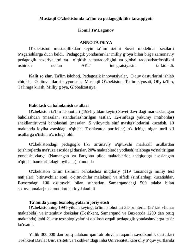 Mustaqil O'zbekistonda ta'lim va pedagogik fikr taraqqiyoti 1