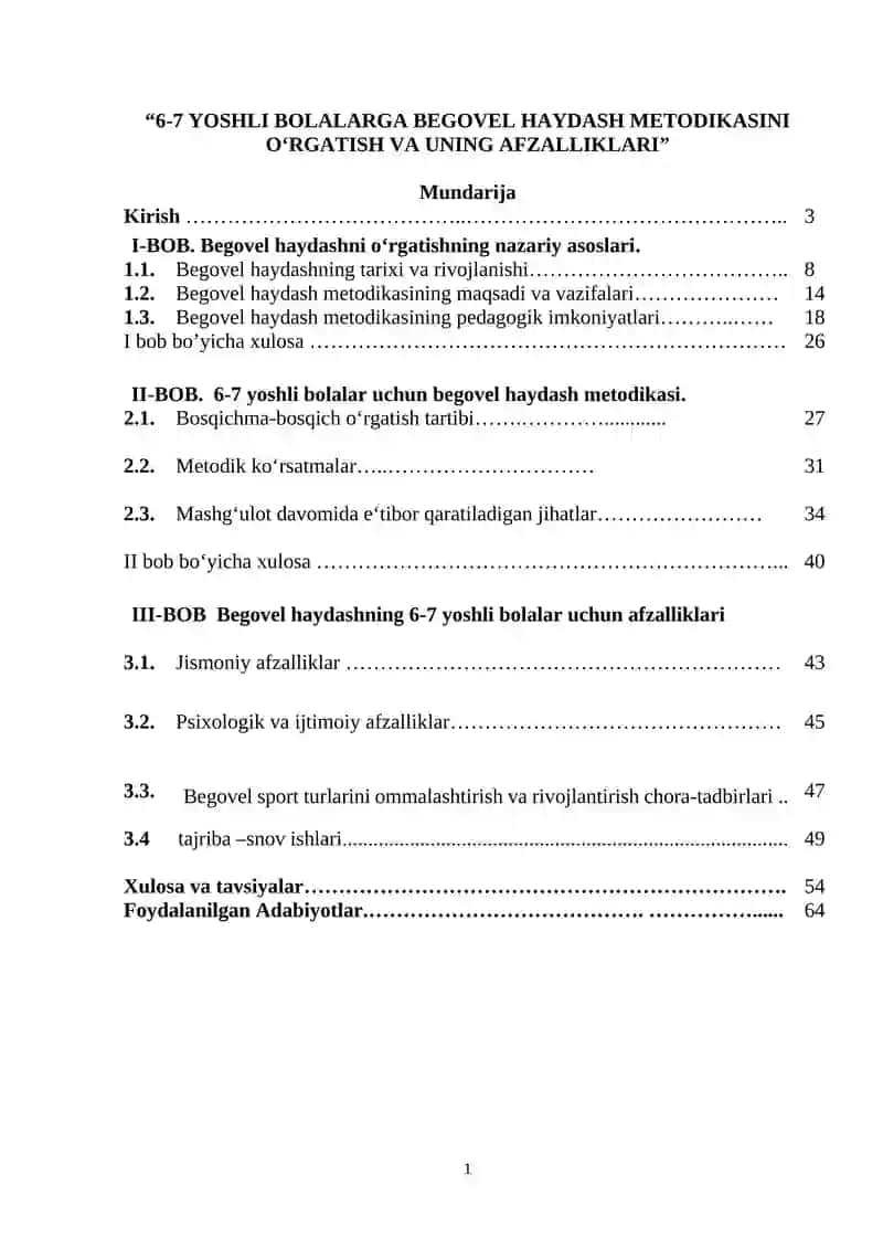 6-7 YOSHLI BOLALARGA BEGOVEL HAYDASH METODIKASINI O‘RGATISH VA UNING AFZALLIKLARI