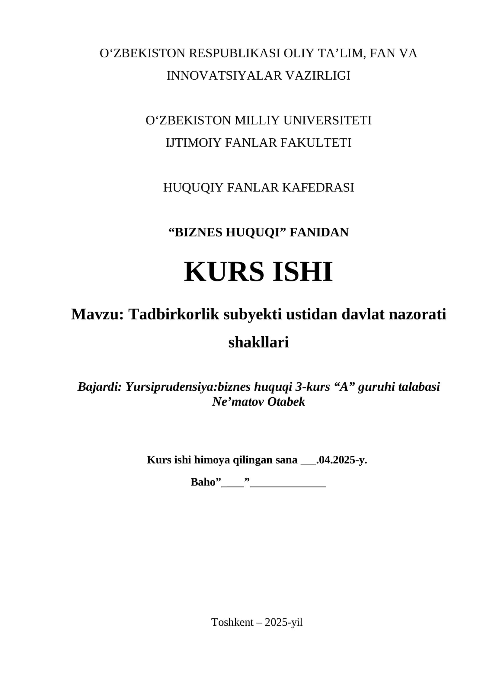Tadbirkorlik subyekti ustidan davlat nazorati shakllari 1