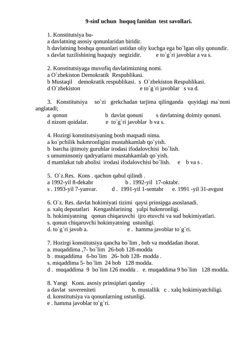 9-sinf uchun huquq fanidan test savollari 1