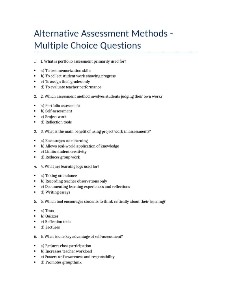 Alternative Assessment Methods - Multiple Choice Questions 1