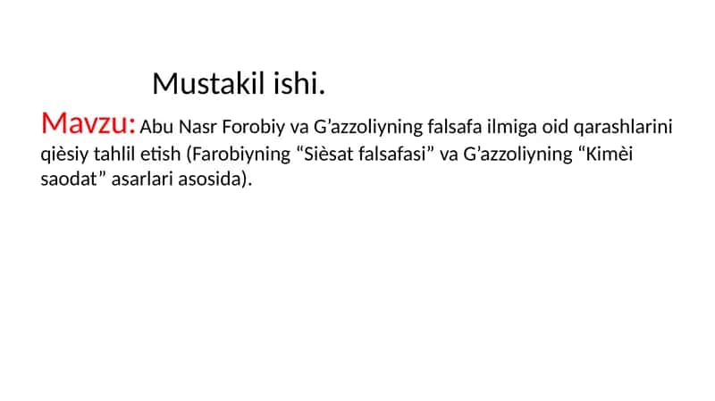 Abu Nasr Forobiy va G’azzoliyning falsafa ilmiga oid qarashlarini qiѐsiy tahlil etish (Farobiyning “Siѐsat falsafasi” va G’azzoliyning “Kimѐi saodat” asarlari asosida). 1