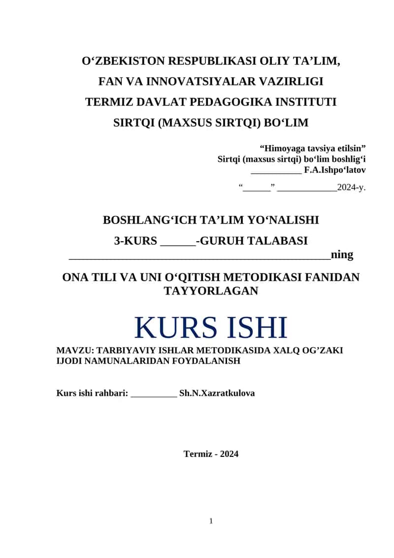 TARBIYAVIY ISHLAR METODIKASIDA XALQ OG’ZAKI IJODI NAMUNALARIDAN FOYDALANISH 1