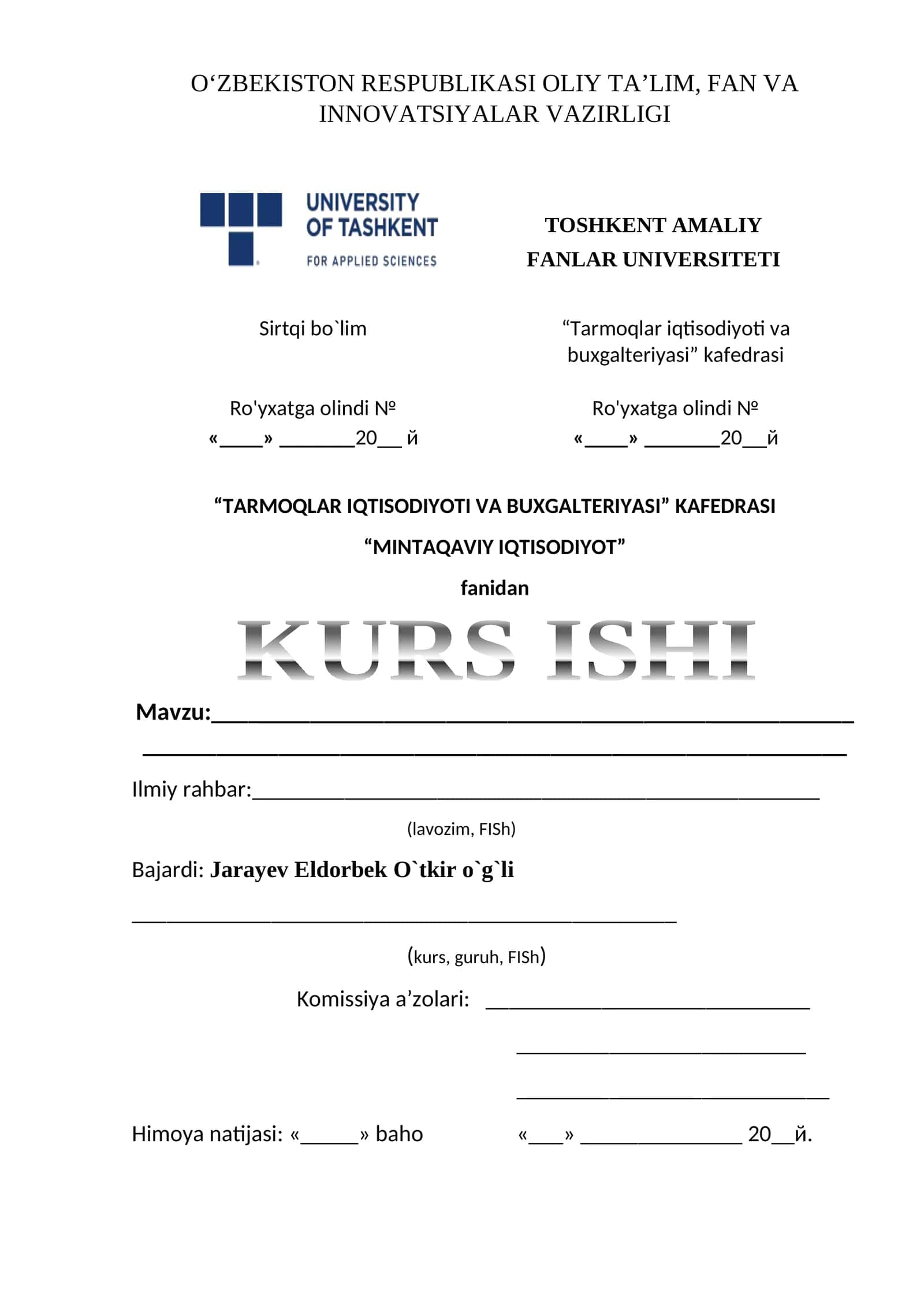 Tarmoqlar iqtisodiyoti va buxgalteriyasi kurs ishi 1