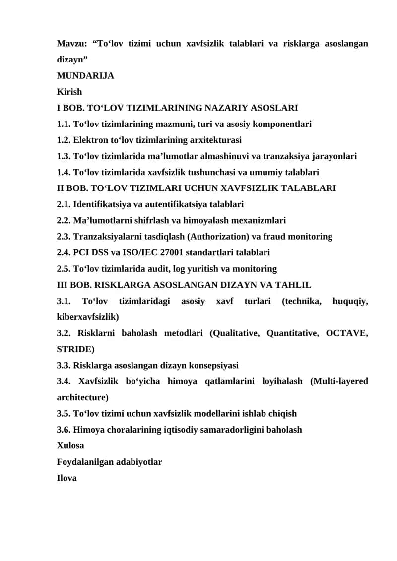 To‘lov tizimi uchun xavfsizlik talablari va risklarga asoslangan dizayn 1
