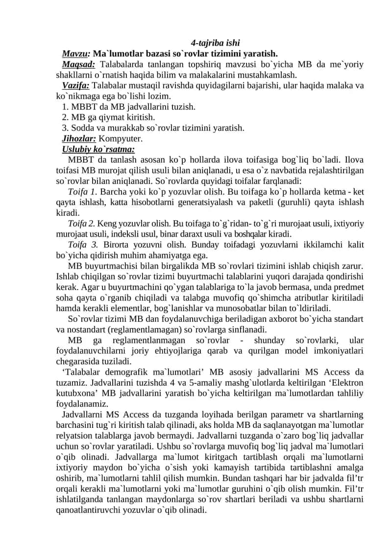 Ma`lumotlar bazasi so`rovlar tizimini yaratish 1