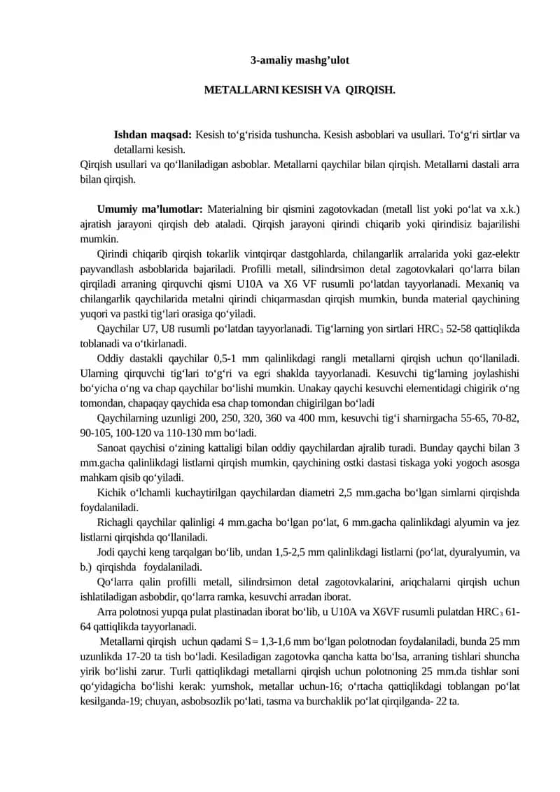 METALLARNI KESISH VA QIRQISH 1