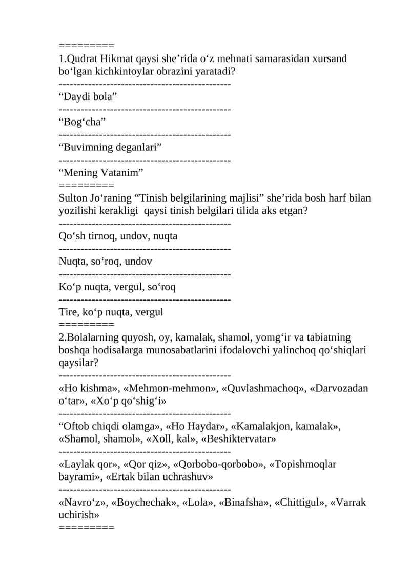 bolalar adabiyoti fanidan testlar 1