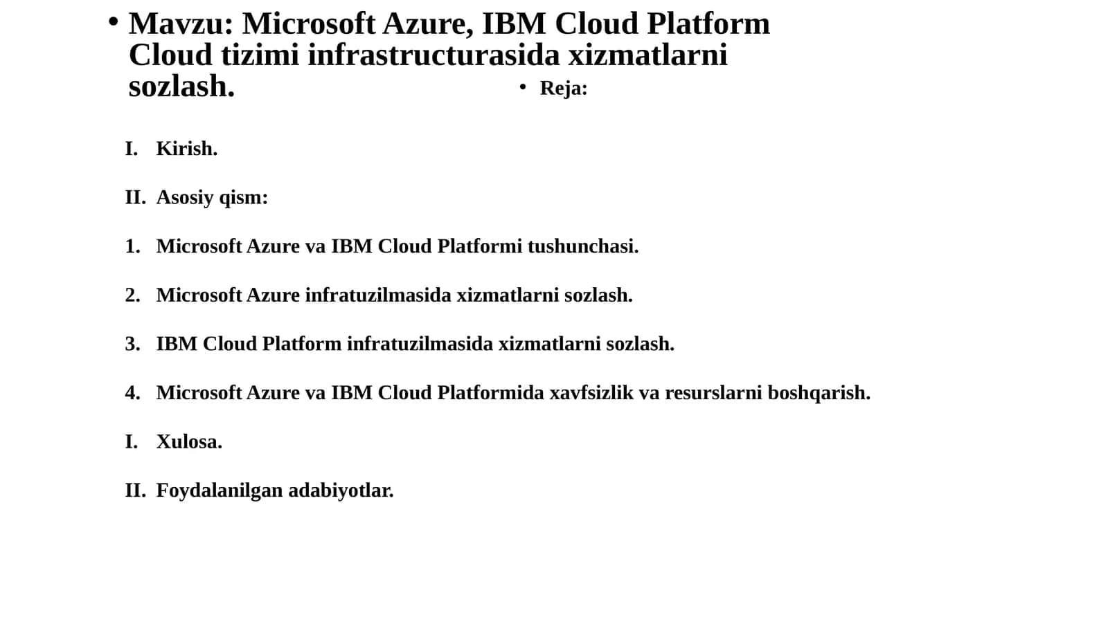 Microsoft Azure, IBM Cloud Platform Cloud tizimi infrastrukturasidagi xizmatlarni sozlash 1