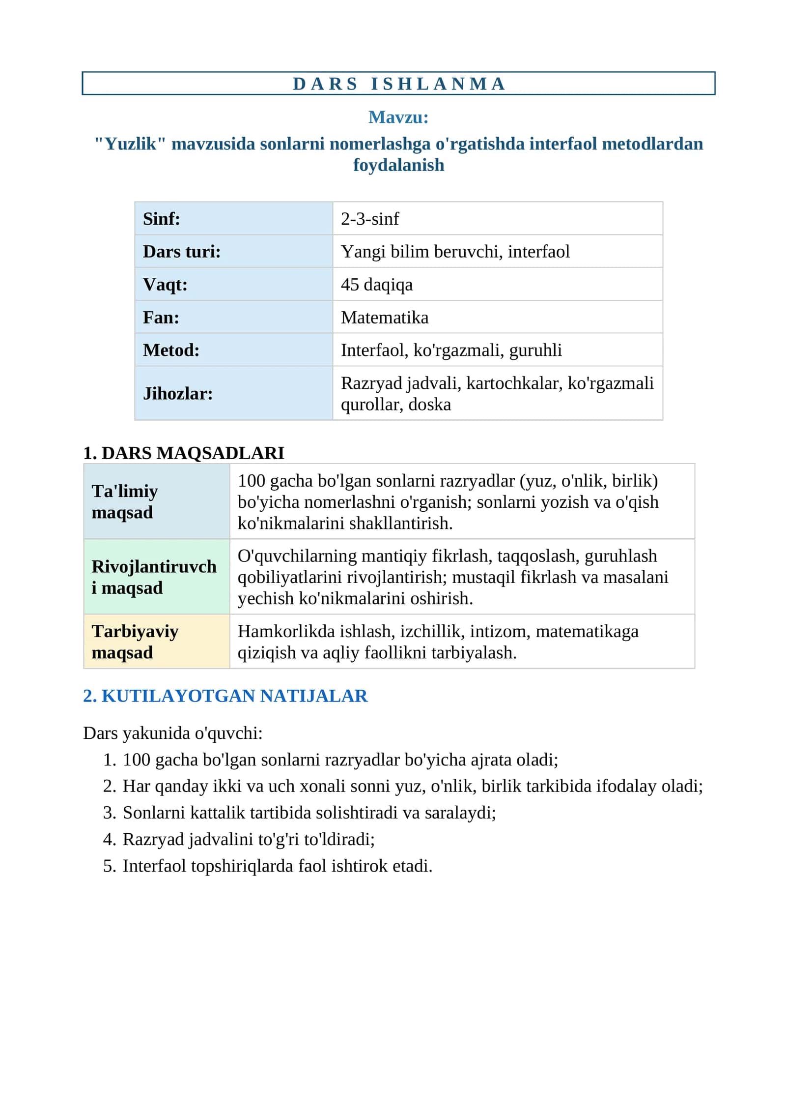 "Yuzlik" mavzusida sonlarni nomerlashga o'rgatishda interfaol metodlardan foydalanish 1