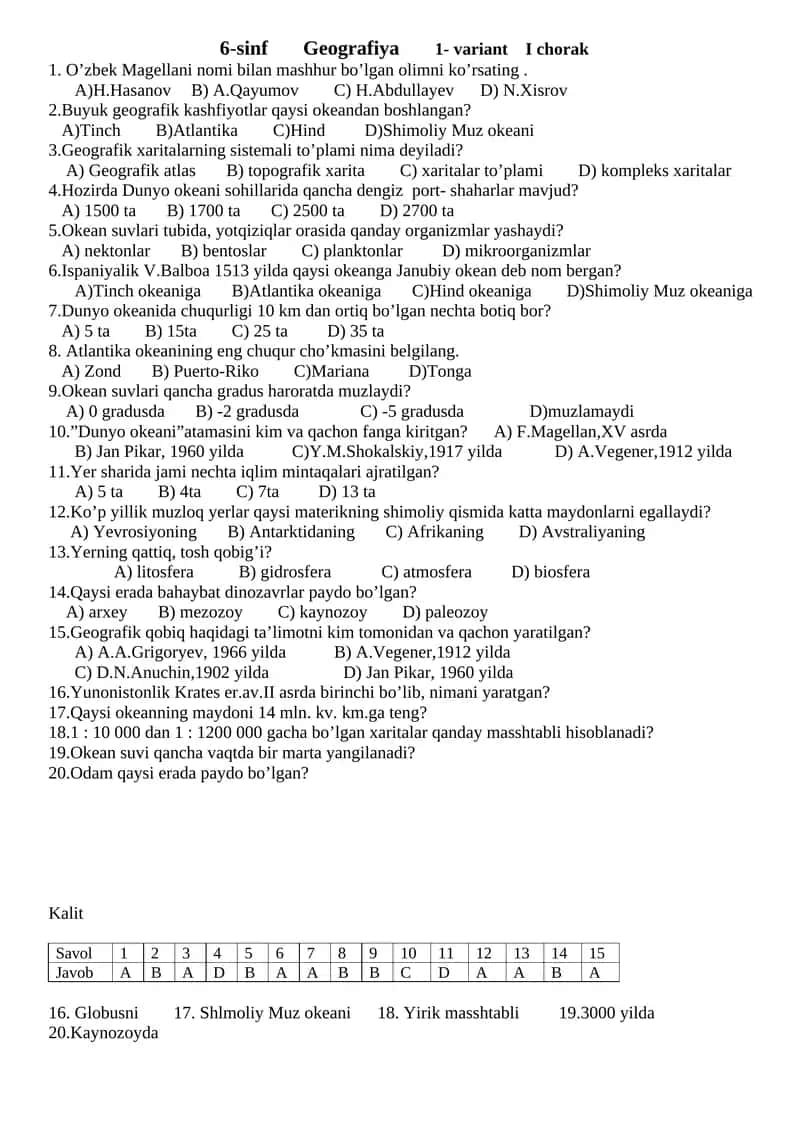 6-sinf Geografiya 1- variant I chorak 1