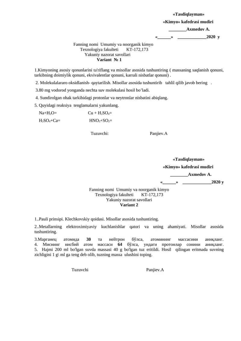 Umumiy va noorganik kimyo nazorat savollari 1
