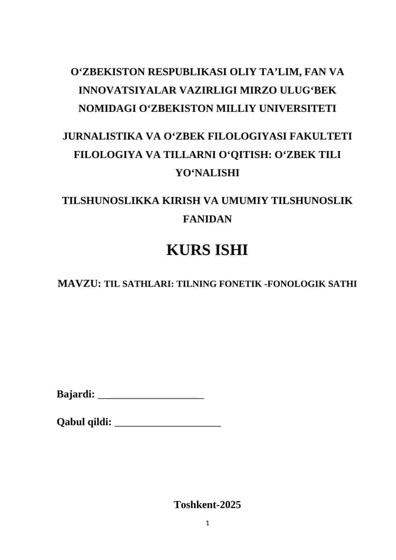 TIL SATHLARI: TILNING FONETIK -FONOLOGIK SATHI 1