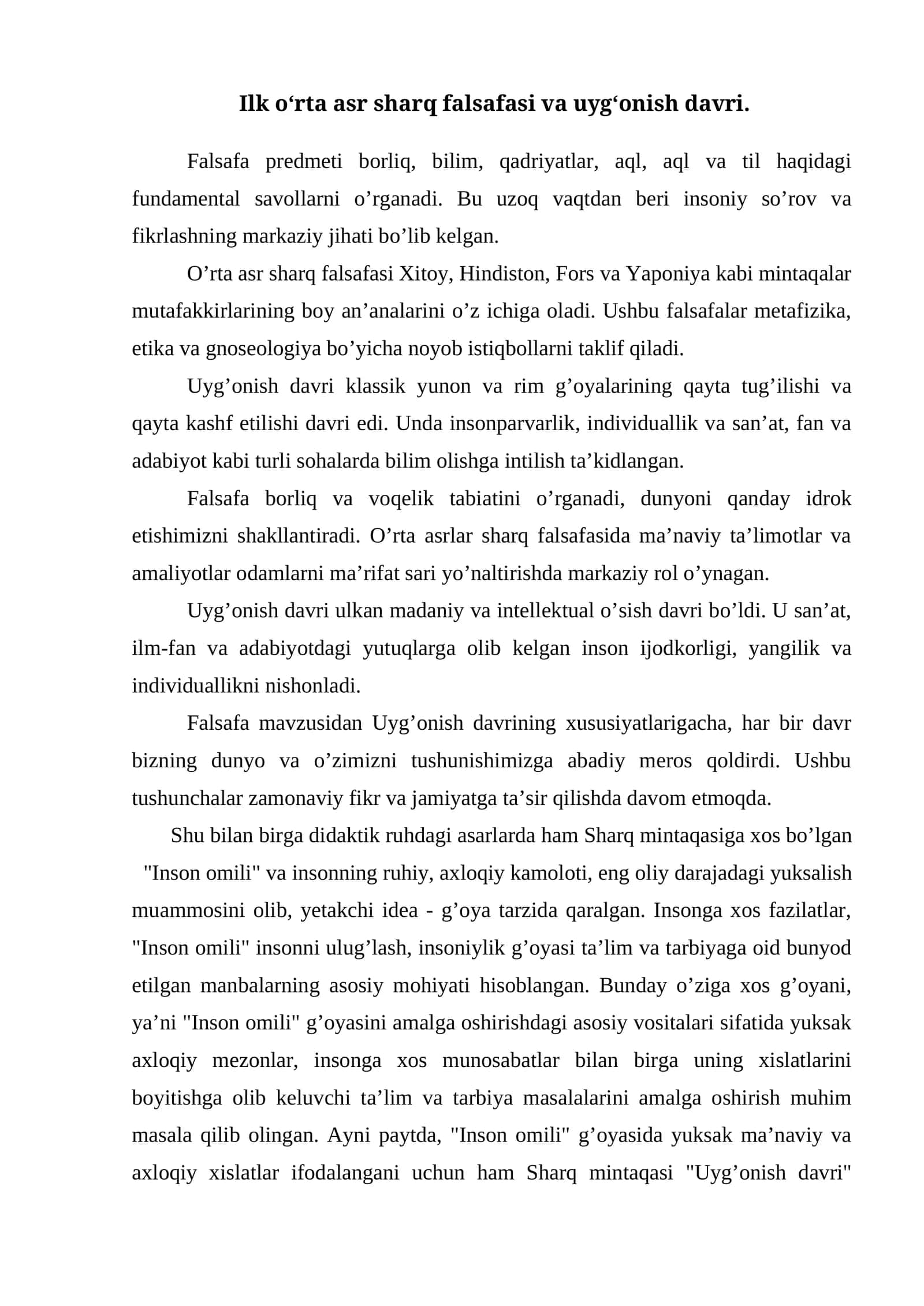 Ilk o‘rta asr sharq falsafasi va uyg‘onish davri 1