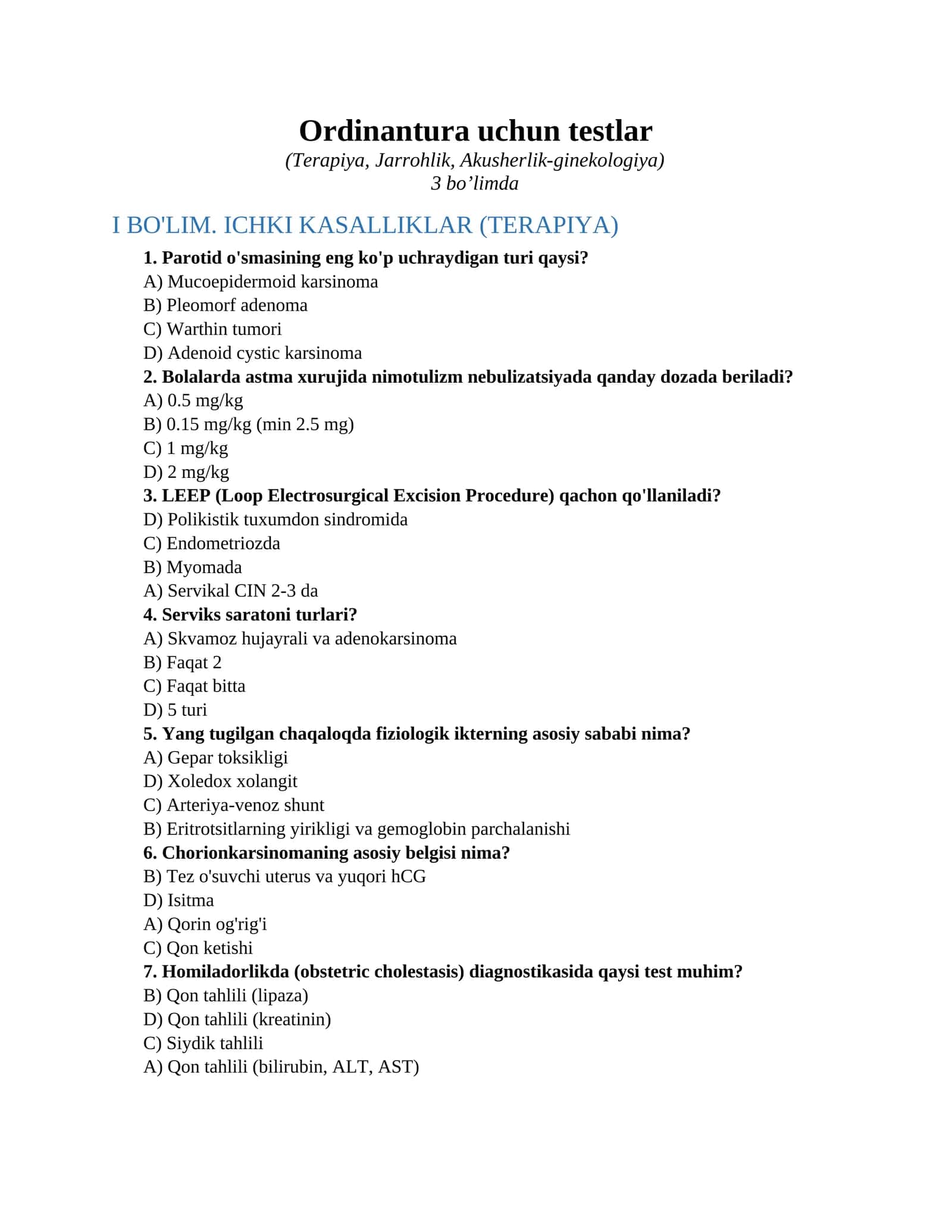 Ordinantura uchun testlar 1