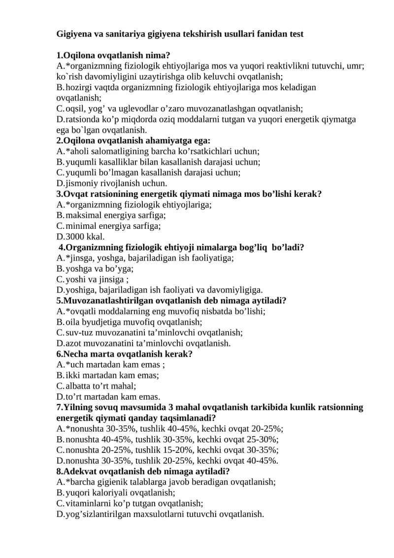 Gigiyena va sanitariya gigiyena tekshirish usullari fanidan test 1