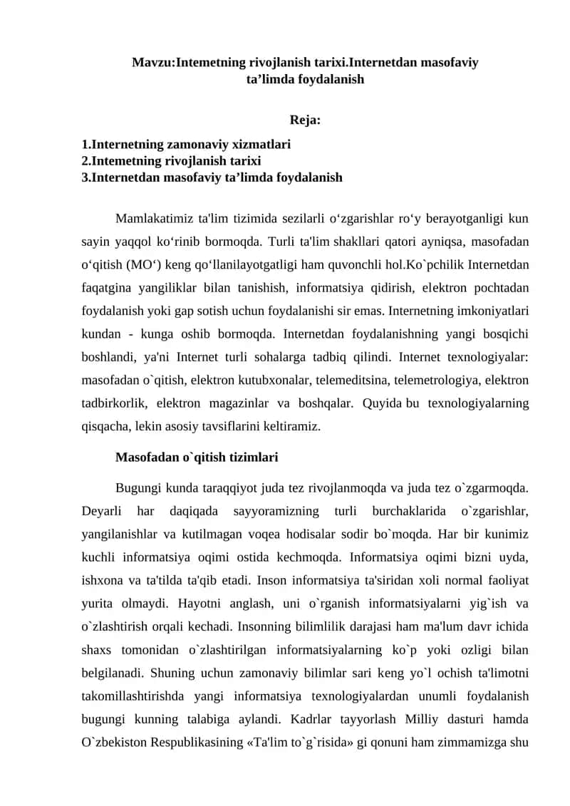 Intemetning rivojlanish tarixi.Internetdan masofaviy ta’limda foydalanish 1