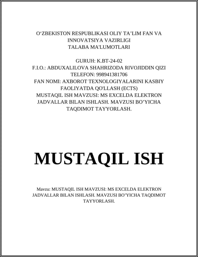 MS Excelda elektron jadvallar bilan ishlash 1