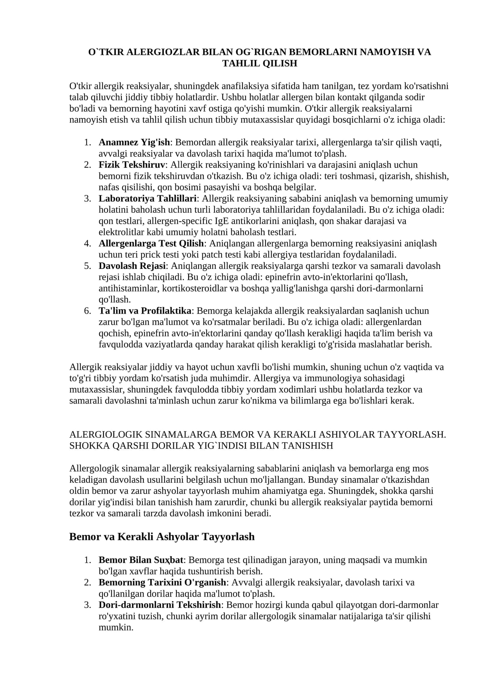 O'tkir allergik reaksiyalarni namoyish va tahlil qilish 1
