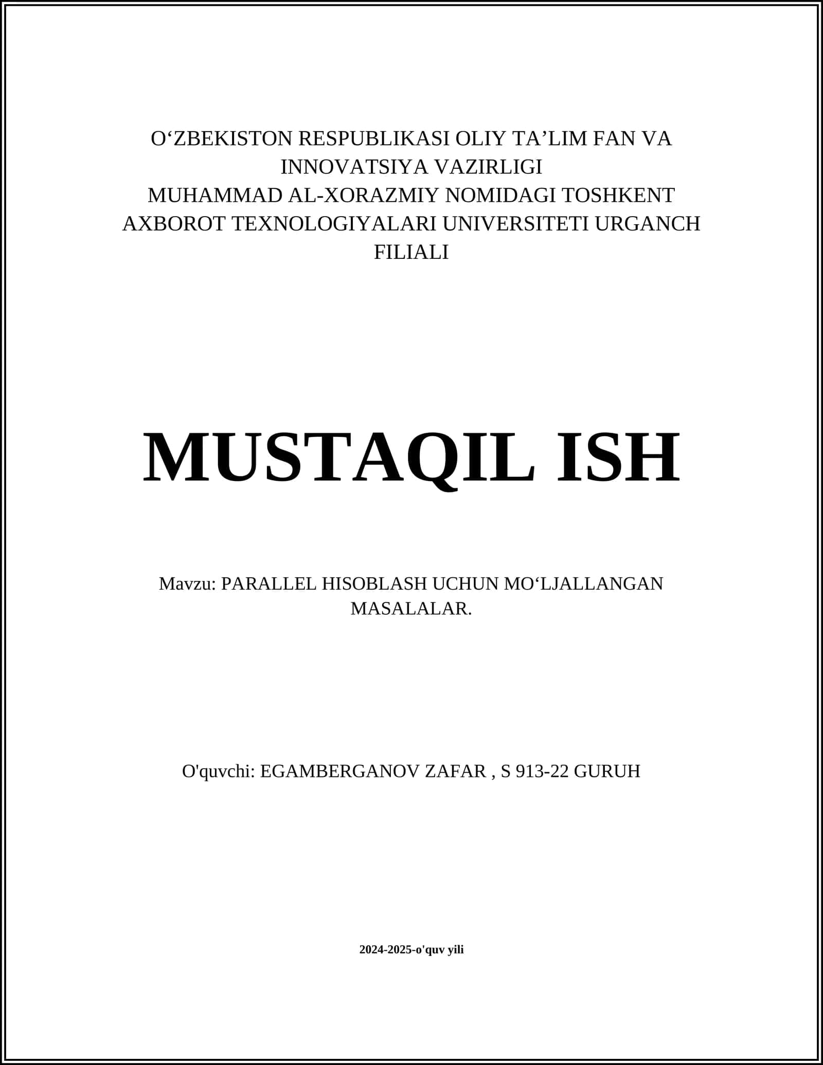 PARALLEL HISOBLASH UCHUN MO‘LJALLANGAN MASALALAR 1