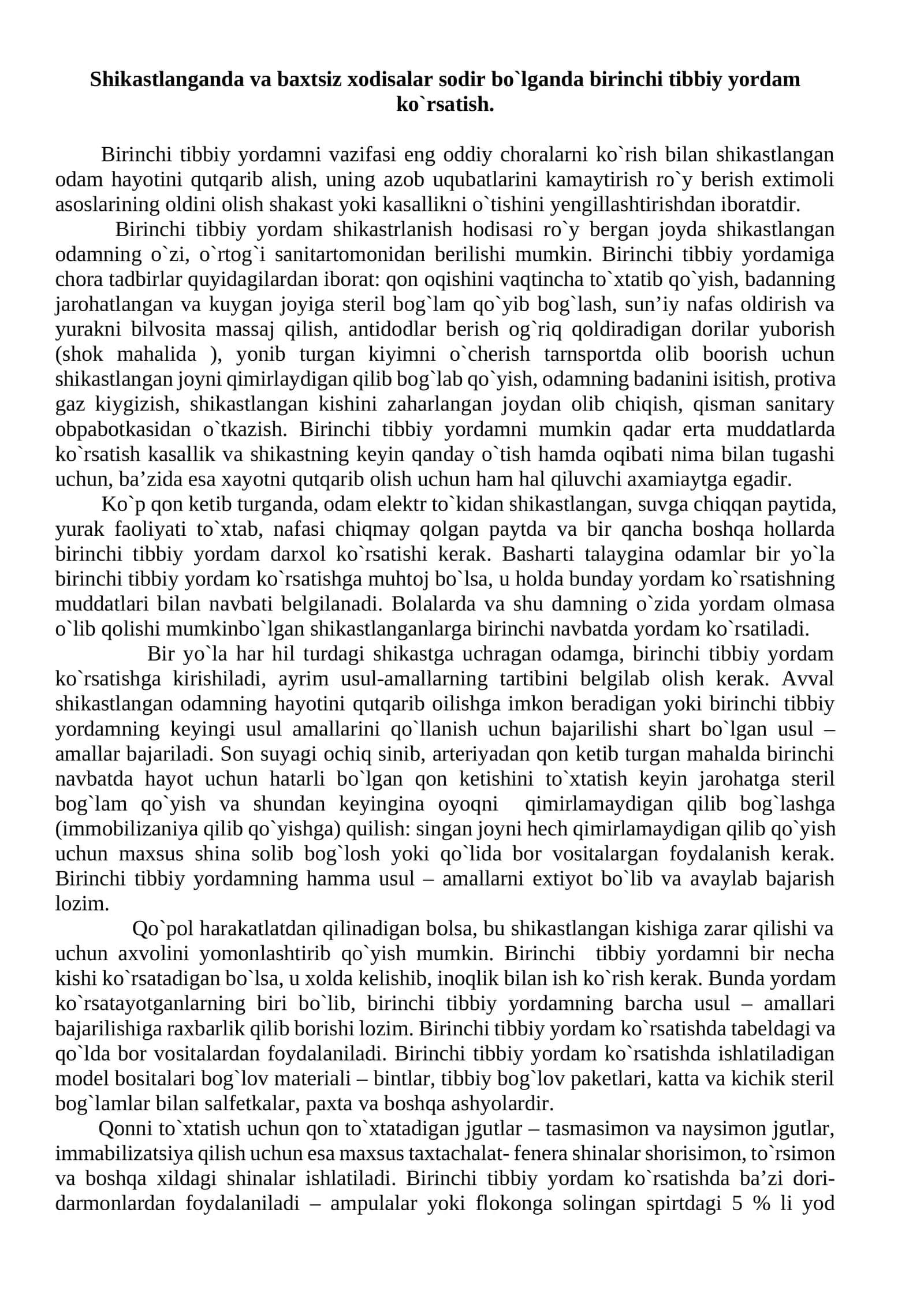 Shikastlanganda va baxtsiz hodisalar sodir bo`lganda birinchi tibbiy yordam ko`rsatish 1