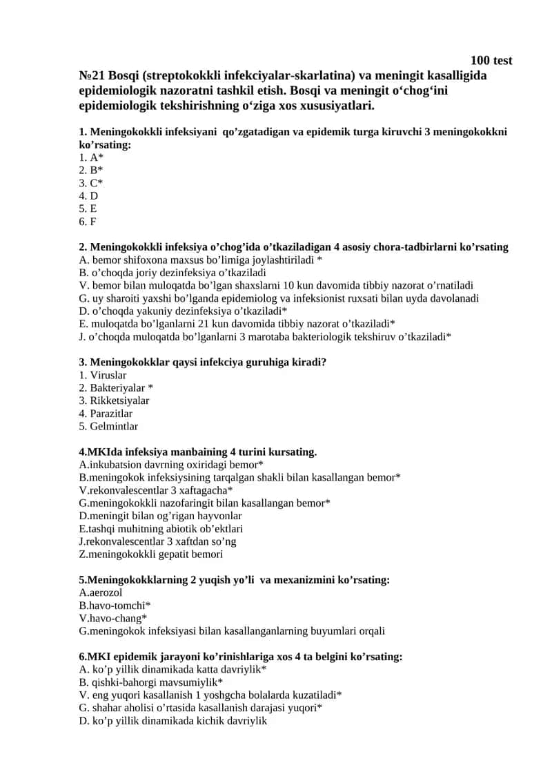 №21 Bosqi (streptokokkli infekciyalar-skarlatina) va meningit kasalligida epidemiologik nazoratni tashkil etish 1