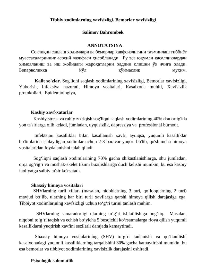 Tibbiy xodimlarning xavfsizligi. Bemorlar xavfsizligi 1