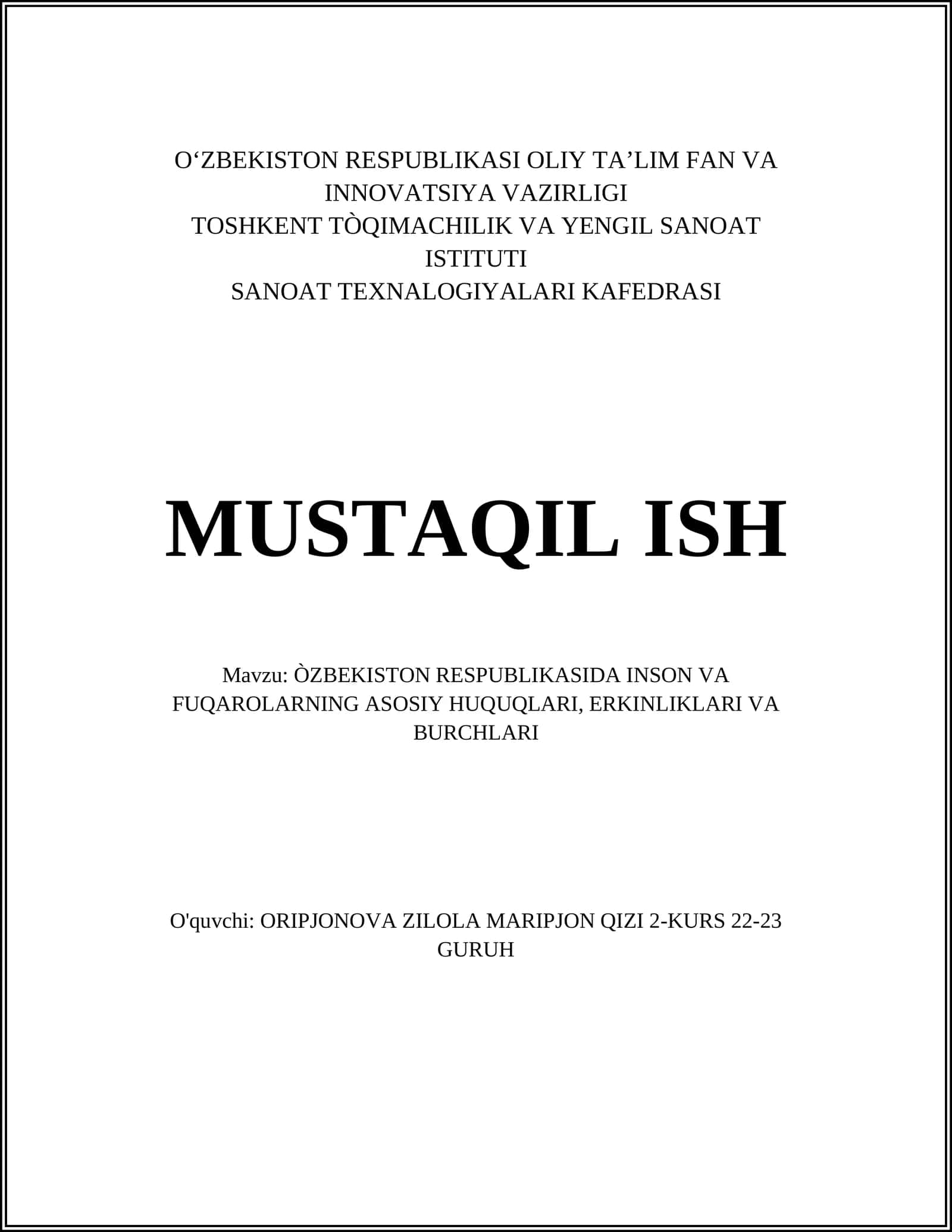Inson va Fuqarolarning Asosiy Huquqlari, Erkinliklari va Burchlari 1