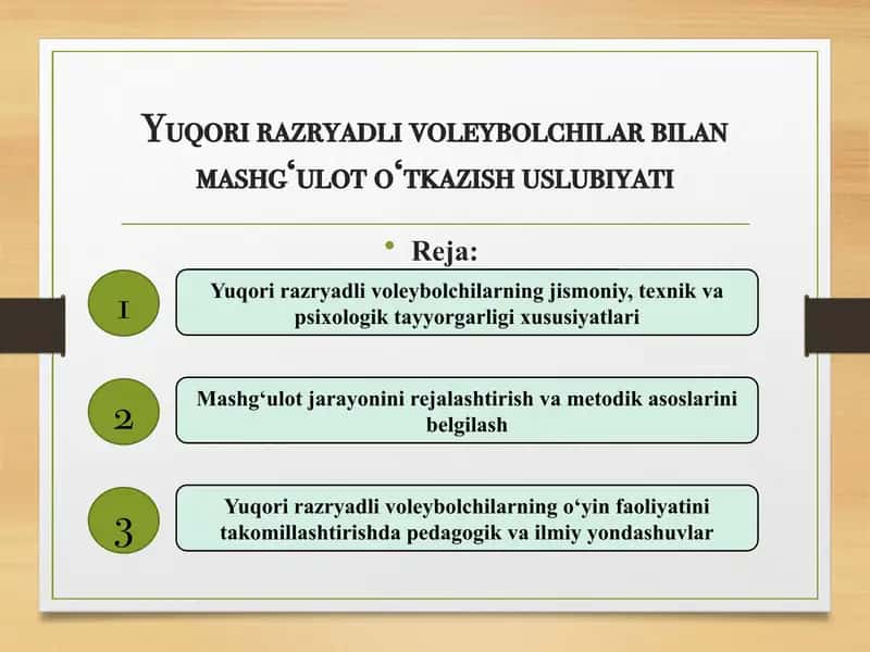 Yuqori razryadli voleybolchilar bilan mashg‘ulot o‘tkazish uslubiyati 1