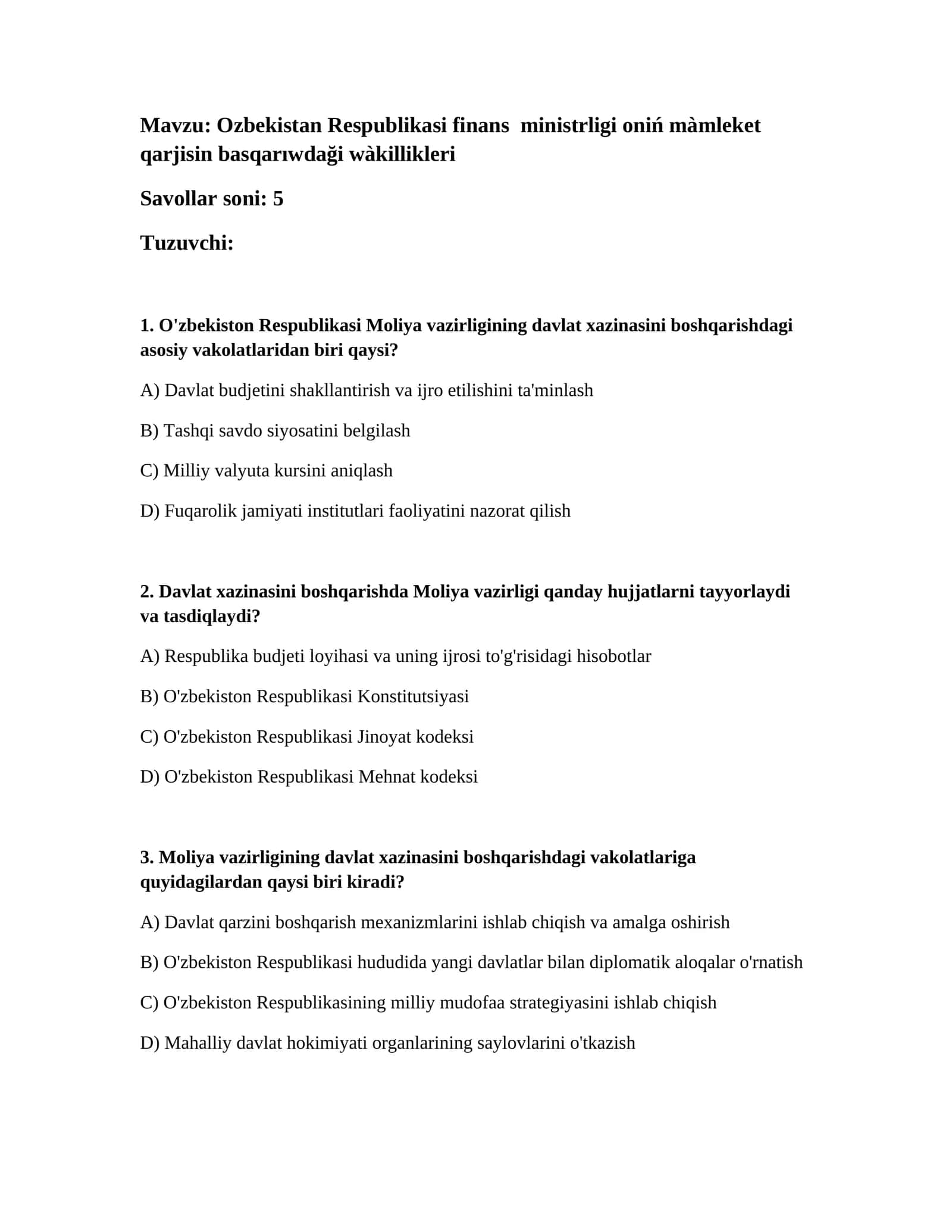 Ozbekistan Respublikasi finans ministrligi oniń màmleket qarjisin basqarıwdaği wàkillikleri 1