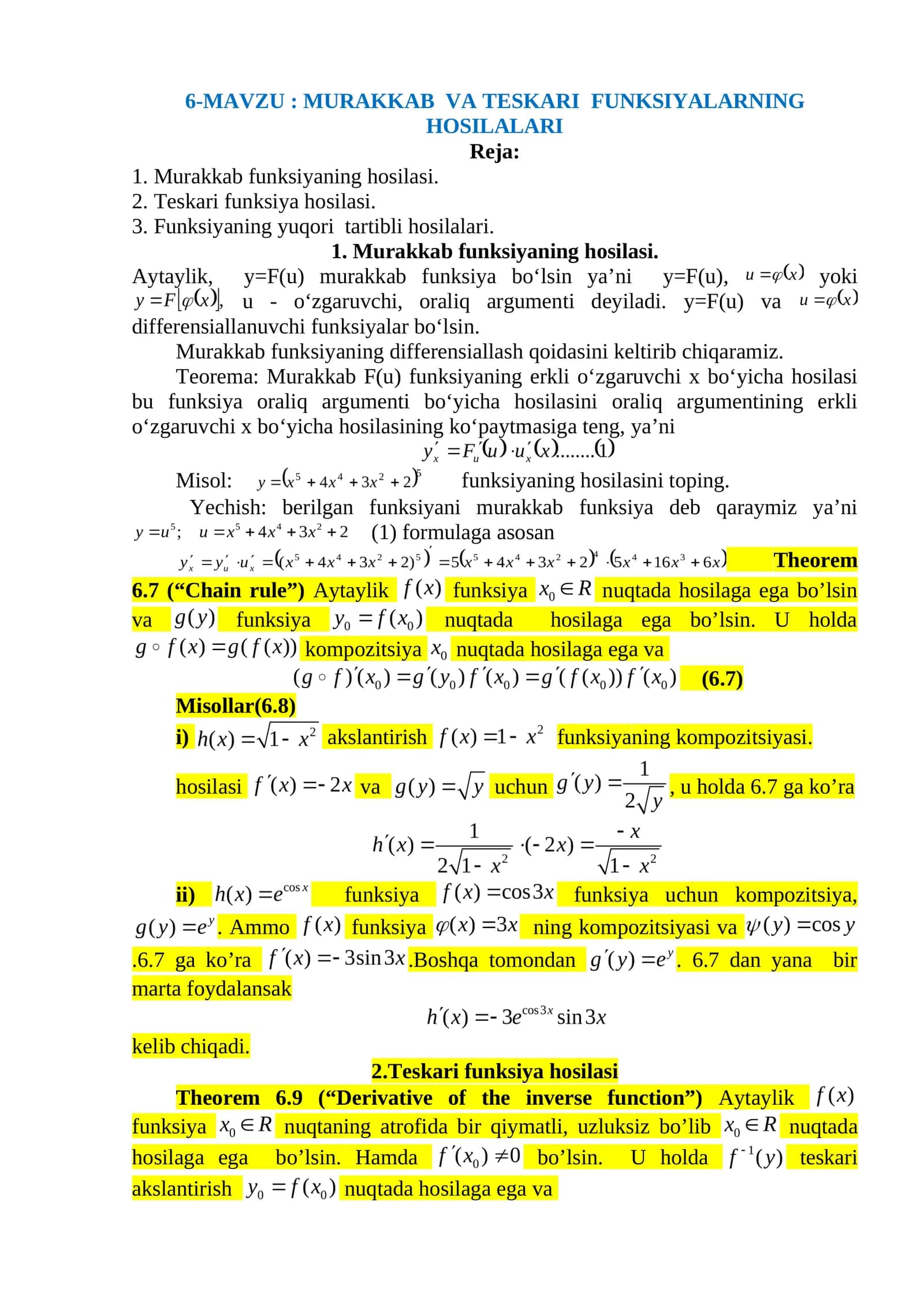MURAKKAB VA TESKARI FUNKSIYALARNING HOSILALARI 1